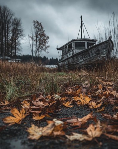 A Moody Scene: Maple Leaves, Old Boat, Cloudy Sky