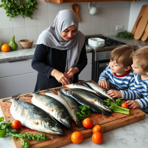 A Mother and Child Prepare Seabass in Kitchen.