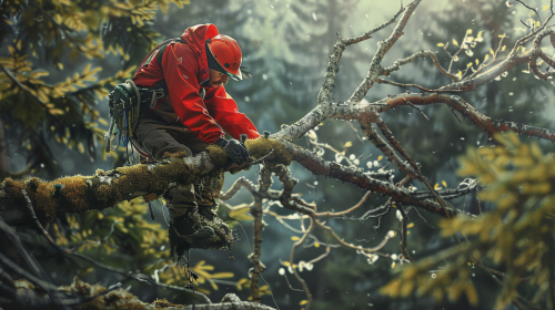 A Mountain Climber Trims Tree Branches in Nature.