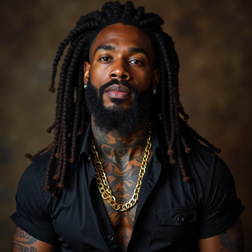 A Muscular Jamaican Man with Dreadlocks and Tattoos