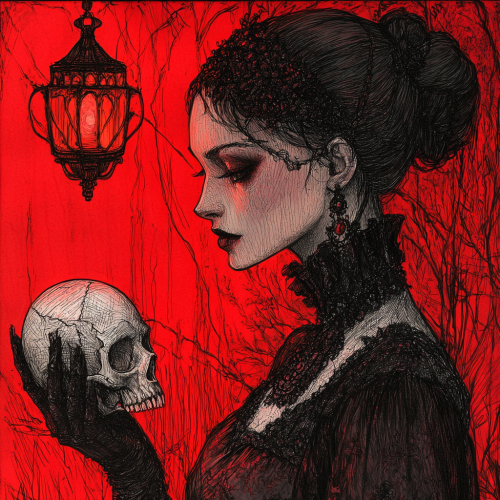 A Mysterious Woman with Skull in Dim Light A Mysterious Woman with Skull in Dim Light