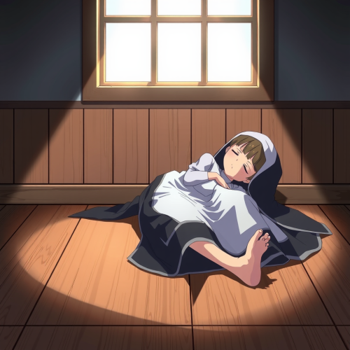A Nun Sleeping Barefoot on The Floor