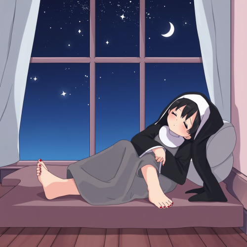 A Nun Sleeping Barefooted in Anime Style