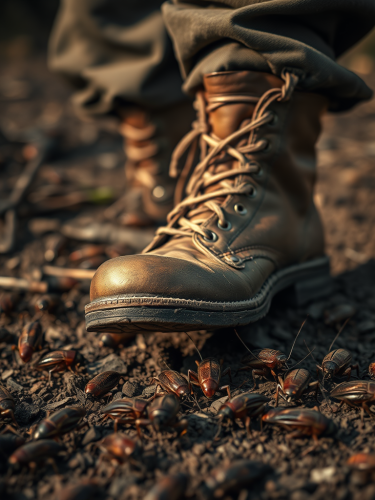 A Person's War Shoes Squishing Cockroaches