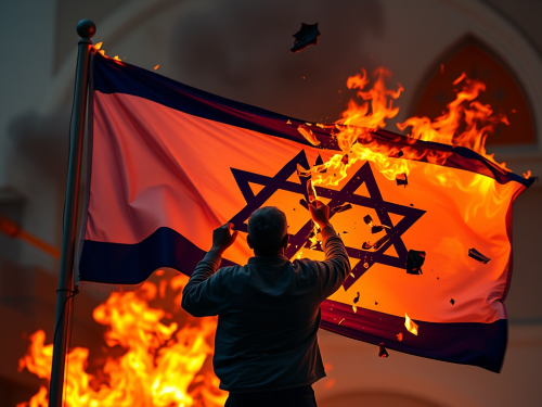 A Person Burning the Shattered Israeli Flag