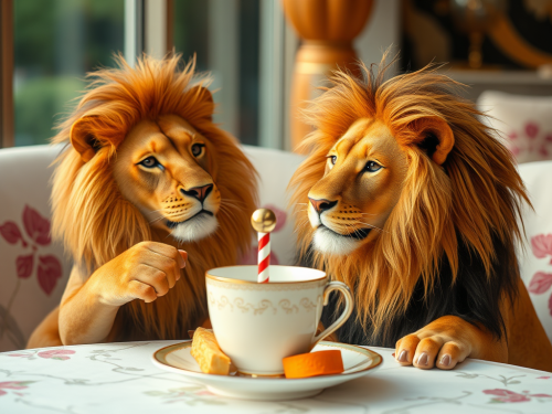 A Person Having Afternoon Tea with Lions