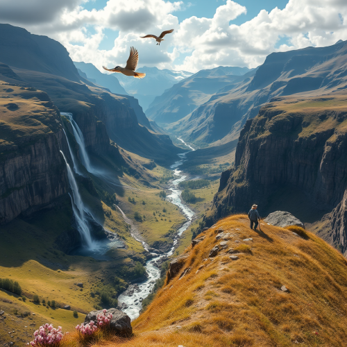 A Person Overlooking Scenic Valley and Waterfalls