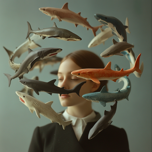 A Person in Uniform Surrounded by Toy Sharks