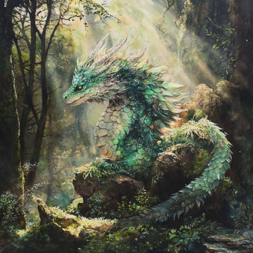 A Pi Xiu in enchanting forest with golden light.