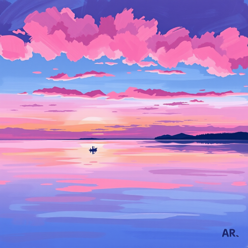 A Pink and Purple Lake Sunset Painting