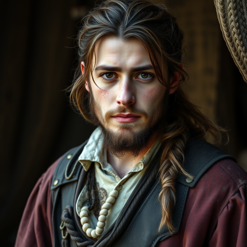 A Pirate Boy with Brown Hair in Ponytail