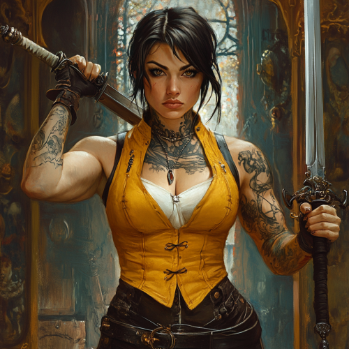 A Pirate Woman Swinging Sword with Muscular Arms