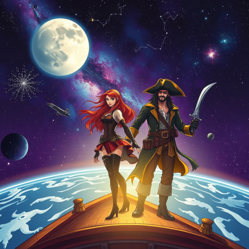 A Pirate and Woman Travel Space on Ship