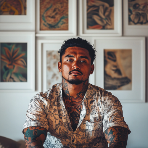 A Polynesian man in 90s cool clothes in retro-style home gallery