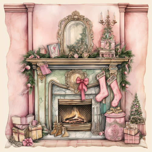 A Pretty Pink Christmas Stocking Hanging on Fireplace.