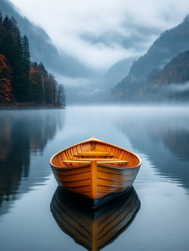 A Quiet Wooden Boat on a Foggy Lake