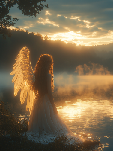 A Radiant Angel at Tranquil Lake Dawn