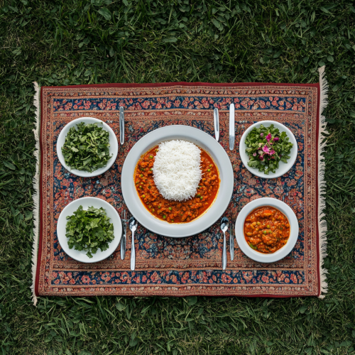 A Realistic Iranian Lunch Table Setting on Lawn