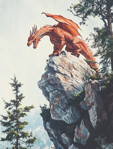 A Red Dragon Roaring on Cliff with Trees.