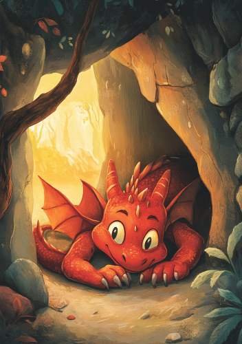 Illustration of a Red Dragon in a Cave