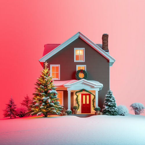 A Red House Surrounded by Christmas Trees