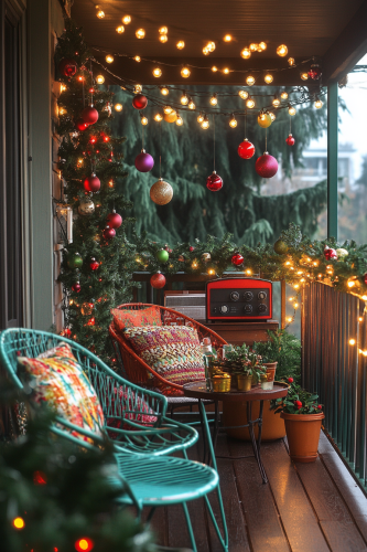 A Retro Christmas Balcony with Colorful Ornaments