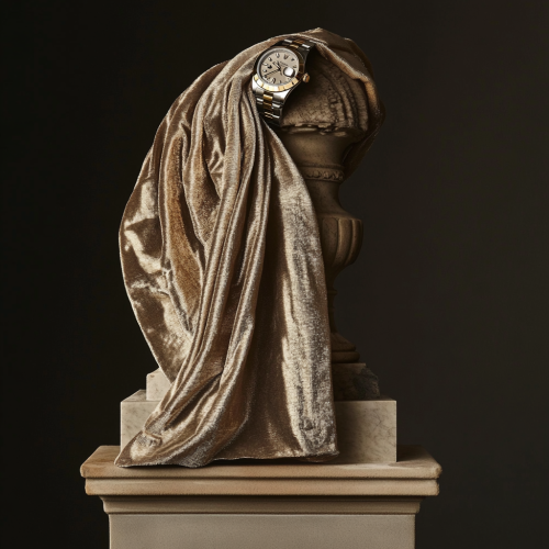 A Rolex watch resting on velvet draped sheet