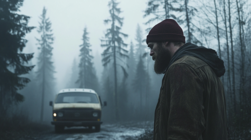 A Rugged Man Walking in Misty Forest