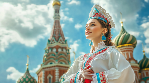 A Russian woman in traditional costume at St. Basil's