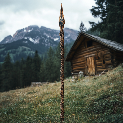 A Rustic Spear Resting Against Mountain Cabin A Rustic Spear Resting Against Mountain Cabin