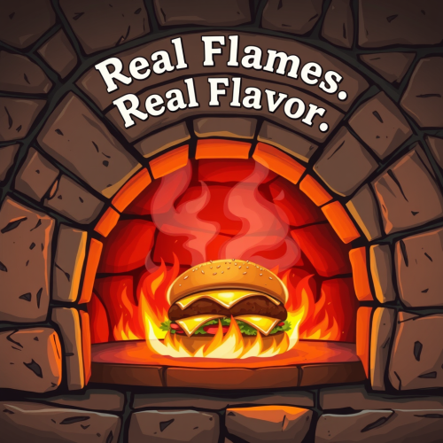 A Rustic Stone Oven with Sizzling Burger Poster