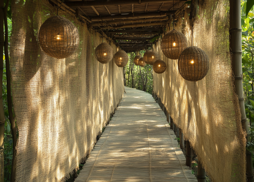 A Rustic Walkway with Woven Baskets and Light