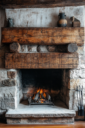 A Rustic Wood Beam Mantle Atop Farmhouse Fireplace A Rustic Wood Beam Mantle Atop Farmhouse Fireplace