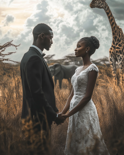 A Rwandan bride and groom in an African safari