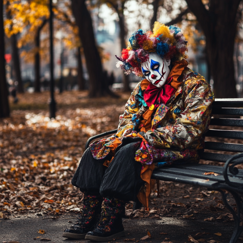 A Sad Clown in a Colorful Costume