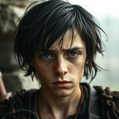 A Sad Medieval Teenage Boy with Black Hair