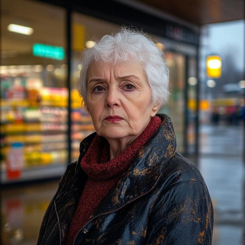 A Sad Older Woman Outside a Supermarket