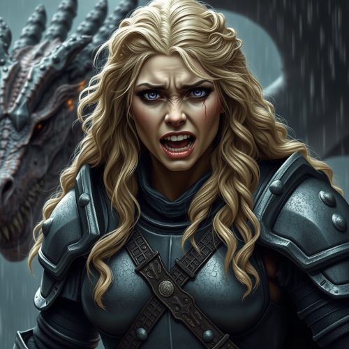 A Sad Warrior in Plate Armor with Dragon.