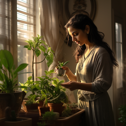 A Saudi woman using spray on houseplant