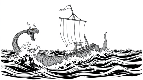 A Sea Serpent Chasing Viking Ship.