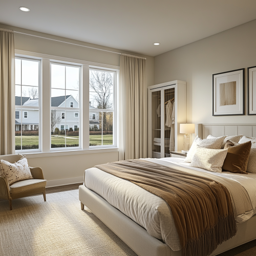A Serene Bedroom with Elegant Bed and Large Windows