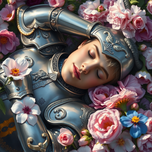 A Serene Knight Resting Amidst Blossoming Flowers