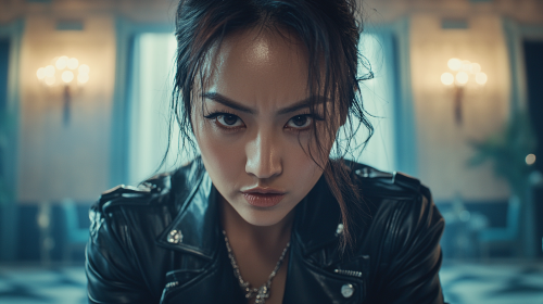 A Serious Asian Woman in Leather Jacket