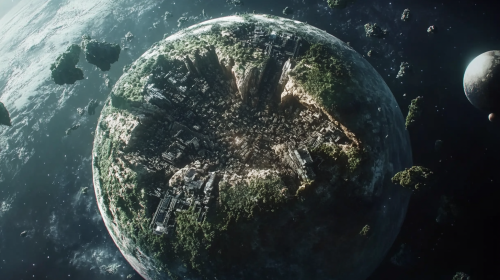 A Shattered Planet with Cities and Mountains in Space