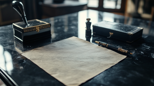 A Shiny Table with Parchment, Ink and Pen