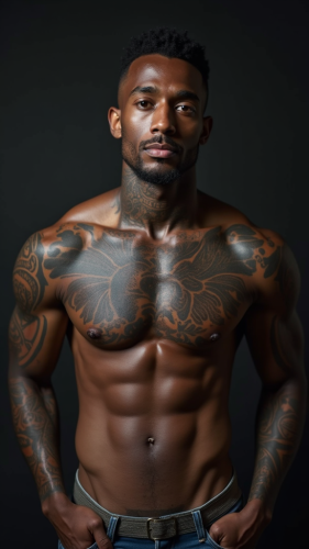 A Shirtless Black Man with Tattoos