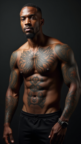 A Shirtless Man with Tattoos, Dark-Skinned