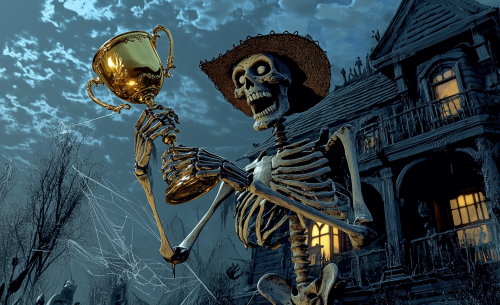 A Skeleton Cowboy with Trophy and Chainsaw