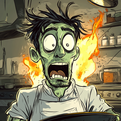A Skinny Chef with Green Skin Panicking in Kitchen.