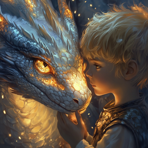 A Small Dragon Playing with Golden-haired Boy